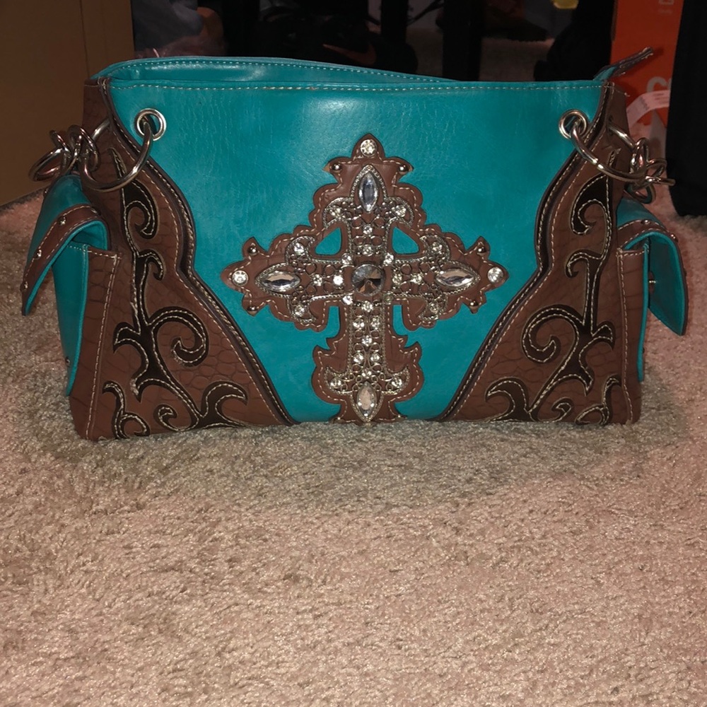 Teal and brown purse